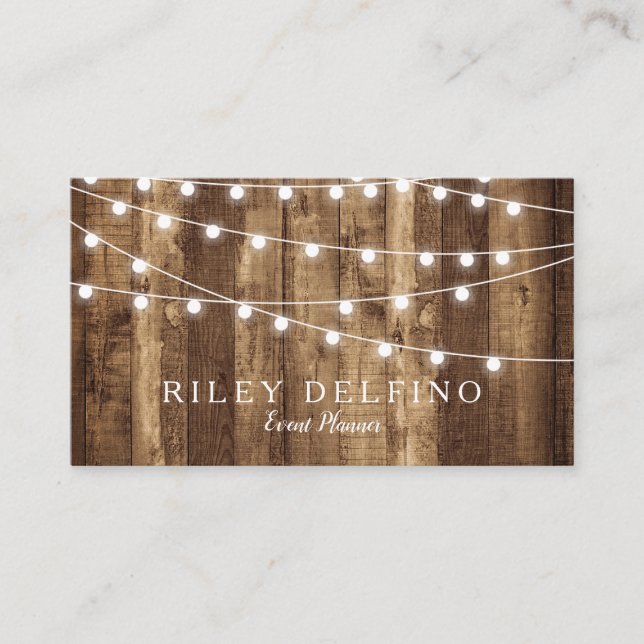 Rustic Wood & Fairy Lights Personalised Monogram Business Card (Front)