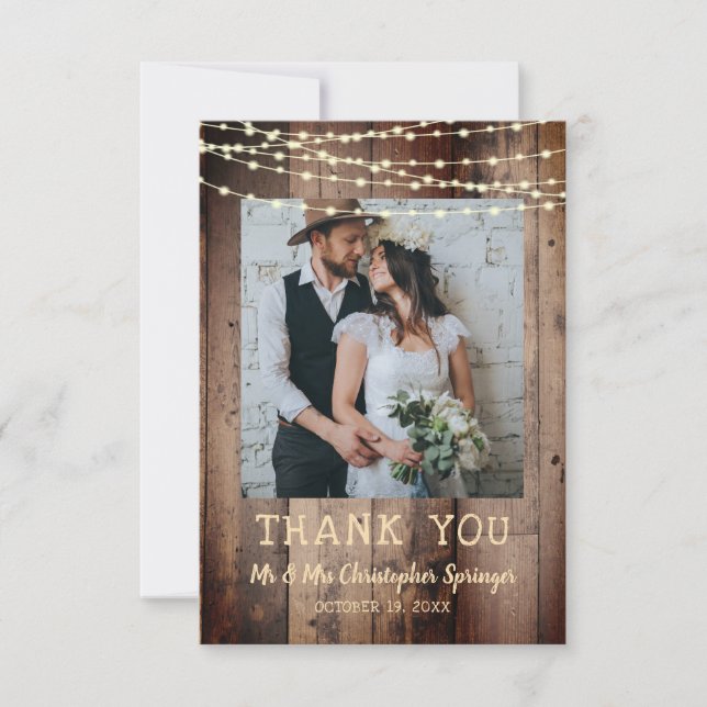 Rustic Wood Fairy String Lights Photo Wedding Thank You Card (Front)