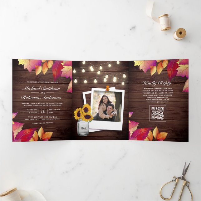 Rustic Wood Fall Autumn Leaves QR Code Wedding Tri-Fold Invitation (Inside)