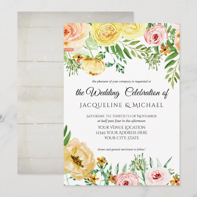 Rustic Wood Fall Colour Blush Yellow Peach Floral Invitation (Front/Back)