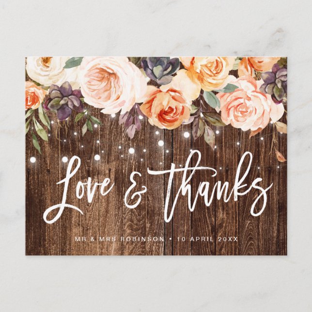 Rustic wood fall flowers wedding thank you card (Front)
