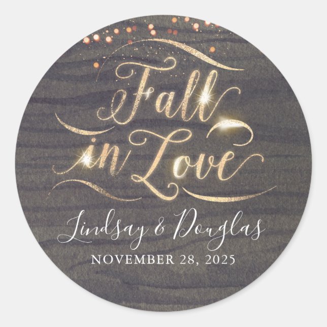 Rustic Wood Fall in Love Autumn Wedding Classic Round Sticker (Front)