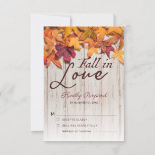 Rustic Wood Fall in Love Fall Leaves RSVP Card