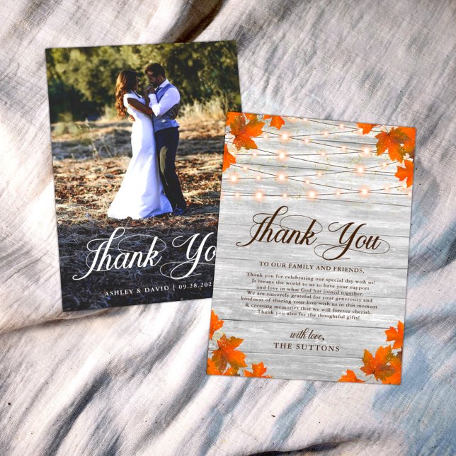 Rustic Wood Fall In Love String Lights Wedding Thank You Card (Creator Uploaded)
