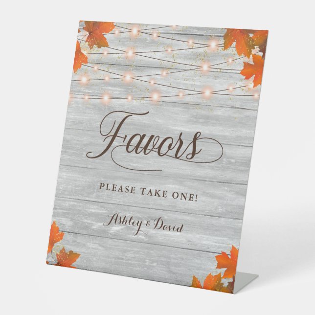 Rustic Wood Fall Leaves & Lights Favours Pedestal Sign (Front)