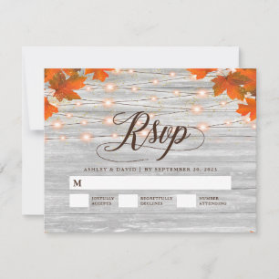 Rustic Wood Fall Leaves String Lights Wedding RSVP Card