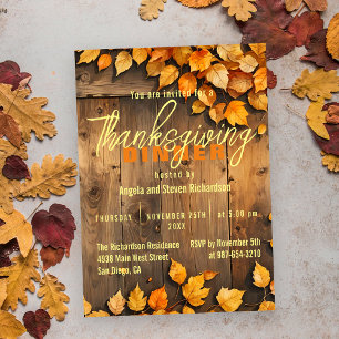 Rustic Wood Fall Leaves Thanksgiving Dinner Invitation