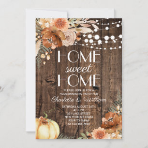 Rustic Wood Fall Pumpkin Floral Home Sweet Home Invitation
