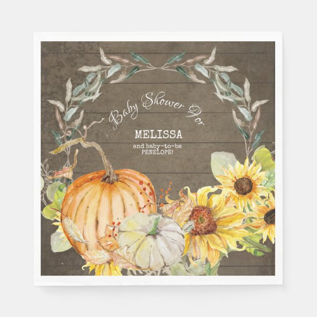 Rustic Wood Fall Pumpkins w Sunflowers Baby Shower Napkin (Front)