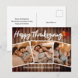 Rustic Wood Fall Simple thanksgiving family photo Holiday Postcard