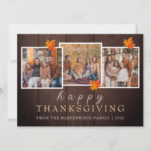 Rustic Wood Fall thanksgiving family 3 photo Holiday Card