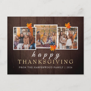 Rustic Wood Fall thanksgiving family 3 photo Holiday Postcard