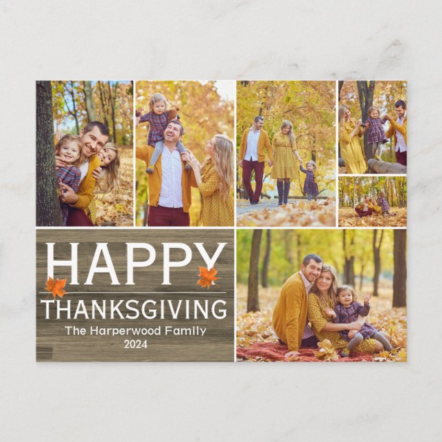 Rustic Wood Fall thanksgiving family photo collage Holiday Postcard (Front)