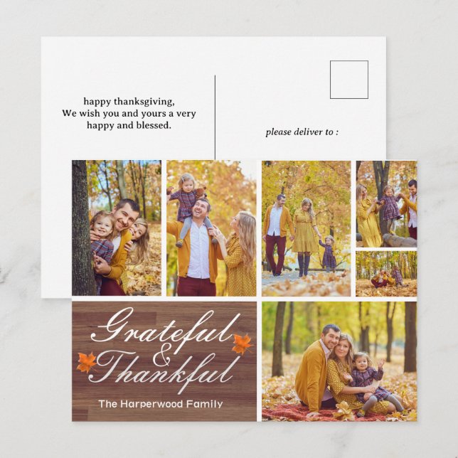 Rustic Wood Fall thanksgiving family photo collage Holiday Postcard (Front/Back)