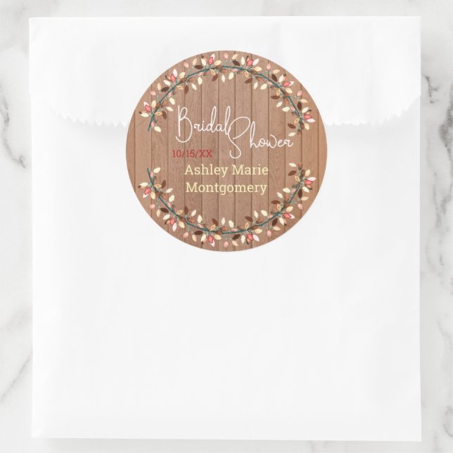 Rustic Wood Fall Wreath Bridal Shower Custom Classic Round Sticker (Bag)