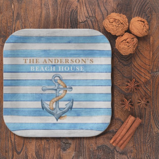 Rustic Wood Family Beach House Nautical Stripes  Paper Plate (Creator Uploaded)