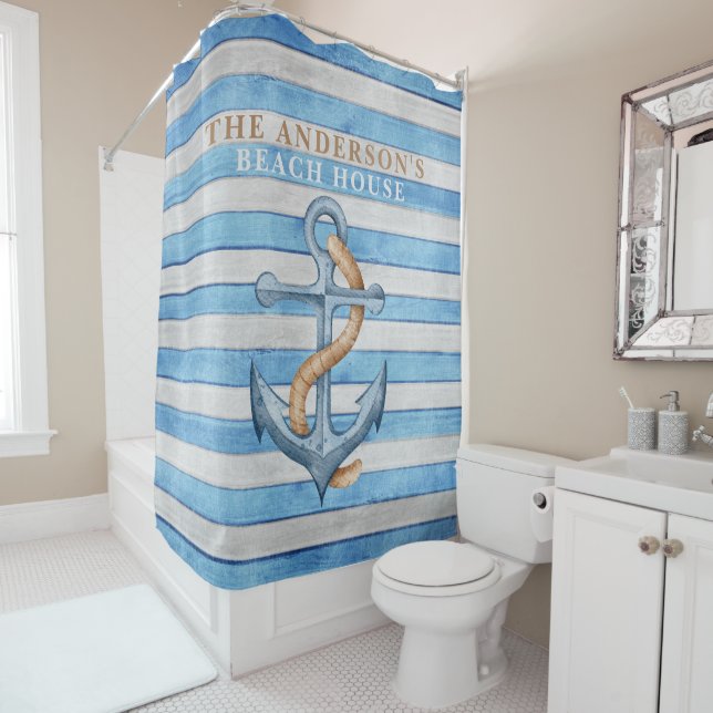 Rustic Wood Family Beach House Nautical Stripes Shower Curtain (In Situ)