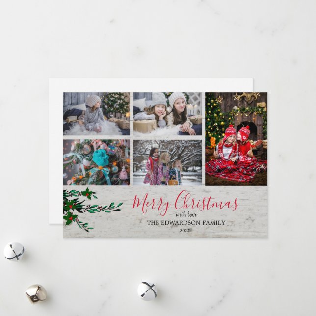 Rustic wood family collage berries Christmas Holiday Card (Front/Back In Situ)