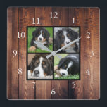 Rustic wood Family custom photo collage Square Wall Clock<br><div class="desc">Custom Family photo collage on rustic wood background clock.
Add your own personal photos to personalize the clock. Do don't have to add only square photos other sizes will also fit.
If you need help please contact me.</div>