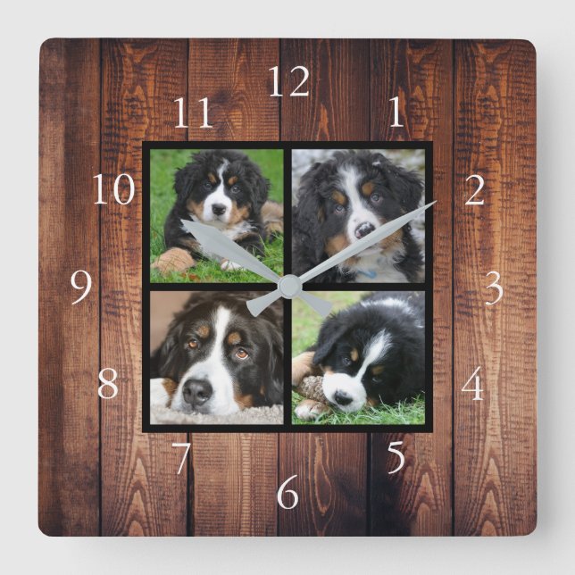 Rustic wood Family custom photo collage Square Wall Clock (Front)
