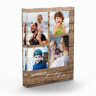 Rustic Wood Family Name 4 Photo Collage Block
