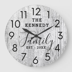 Rustic Wood Family Name Farmhouse Black And White  Large Clock