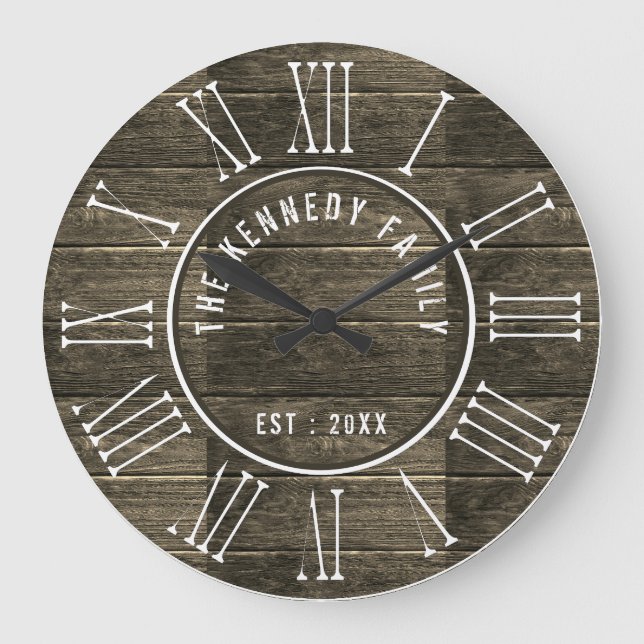 Rustic wood Family Name Farmhouse Roman Numeral Large Clock (Front)