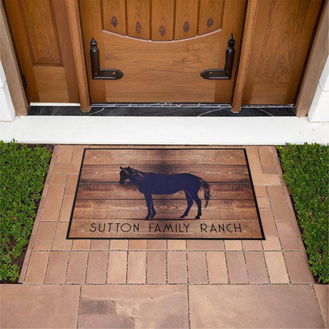 Rustic Wood Family Name Horse Silhouette Doormat (Outdoor)