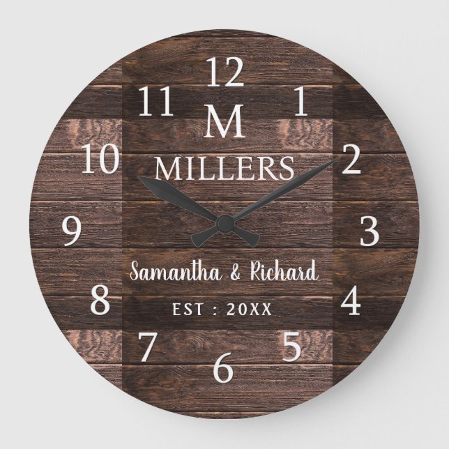 Rustic Wood Family Name Monogram Farmhouse Large Clock (Front)