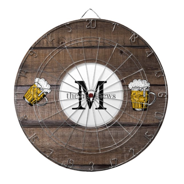 Rustic Wood Family Name Monogrammed Beer Dartboard (Front)