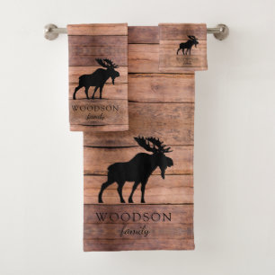 Rustic Wood Family Name Moose  Bath Towel Set