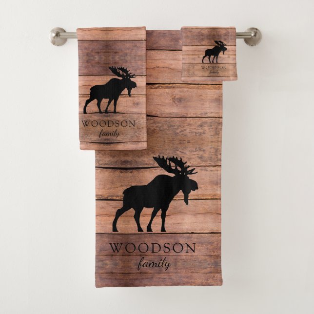 Rustic Wood Family Name Moose  Bath Towel Set (Insitu)