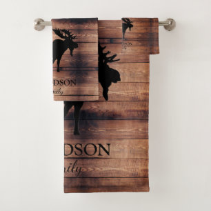 Rustic Wood Family Name Moose  Bath Towel Set