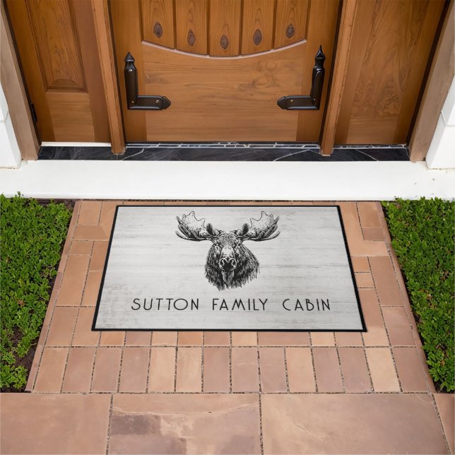 Rustic Wood Family Name Moose Doormat (Outdoor)
