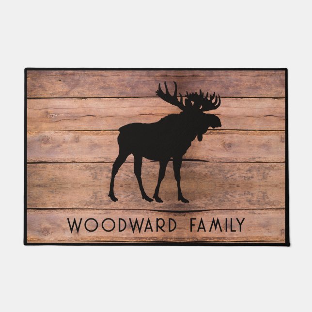 Rustic Wood Family Name Moose Silhouette Doormat (Front)
