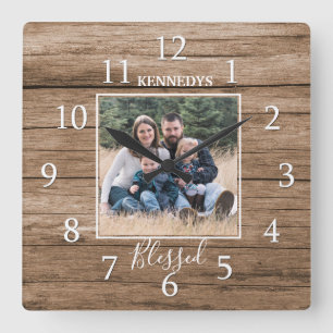 Rustic Wood Family Name Photo Blessed Farmhouse   Square Wall Clock