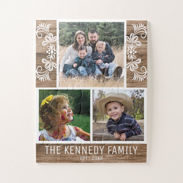 Rustic Wood Family Name Photo Collage Jigsaw Puzzle (Vertical)