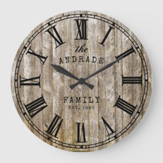 Rustic Wood Family Name Roman Numeral Farmhouse Large Clock