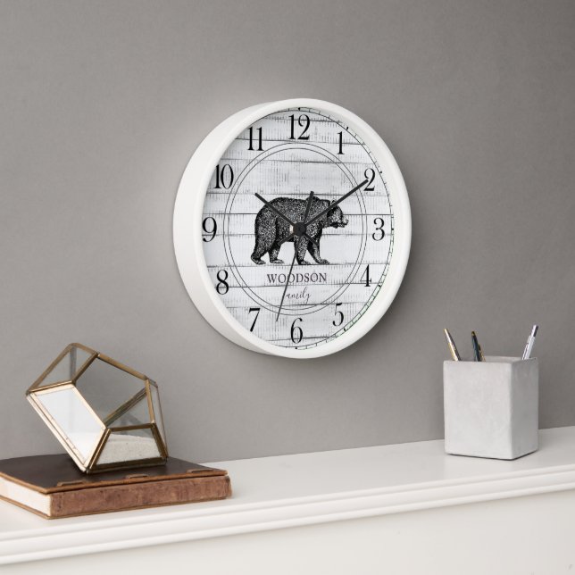 Rustic Wood Family Name Walking Bear Clock (Office)