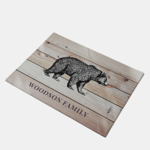 Rustic Wood Family Name Walking Bear Doormat
