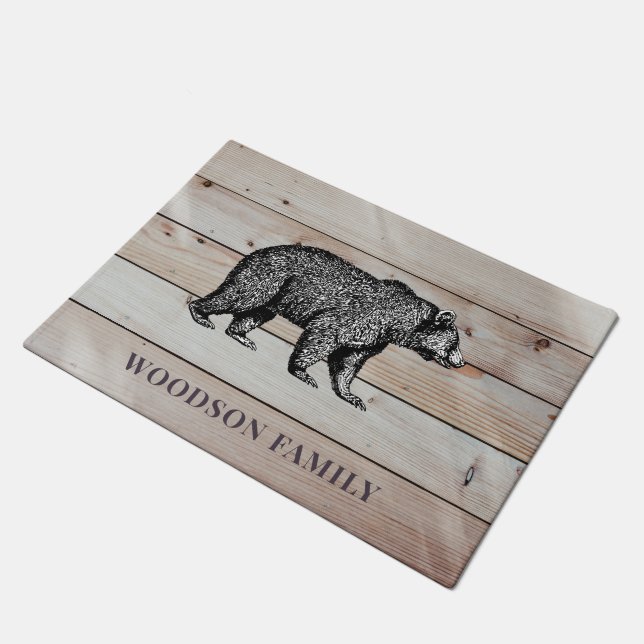 Rustic Wood Family Name Walking Bear Doormat (Angled)