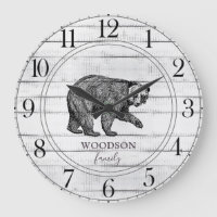 Rustic Wood Family Name Walking Bear Large Clock