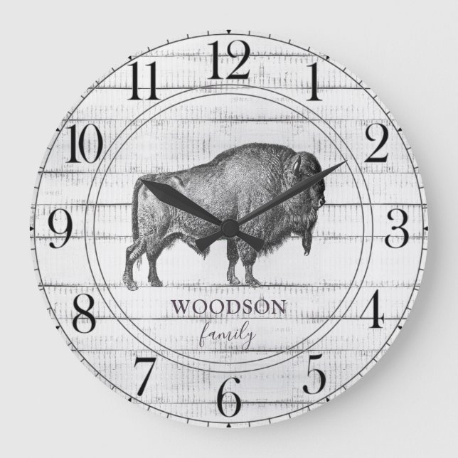 Rustic Wood Family Name Walking Bison Buffalo Large Clock (Front)