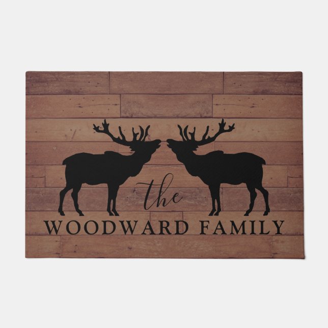 Rustic Wood Family Name Walking Elk  Doormat (Front)