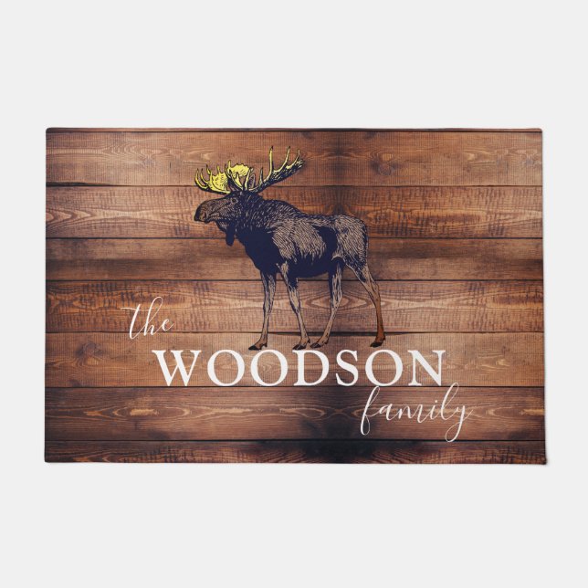 Rustic Wood Family Name Walking Moose  Doormat (Front)