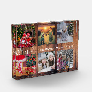 Rustic wood family photo collage blessed script block