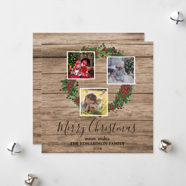 Rustic wood family photo collage Merry Christmas Holiday Card (Front/Back In Situ)