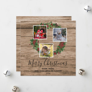 Rustic wood family photo collage Merry Christmas Holiday Card