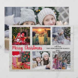 Rustic wood family photo collage Merry Christmas Holiday Card