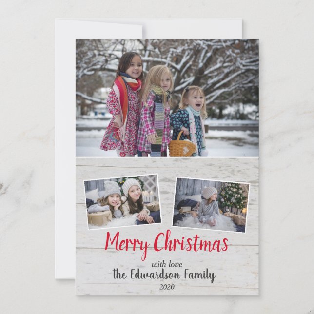 Rustic wood family photo collage Merry Christmas Holiday Card (Front)